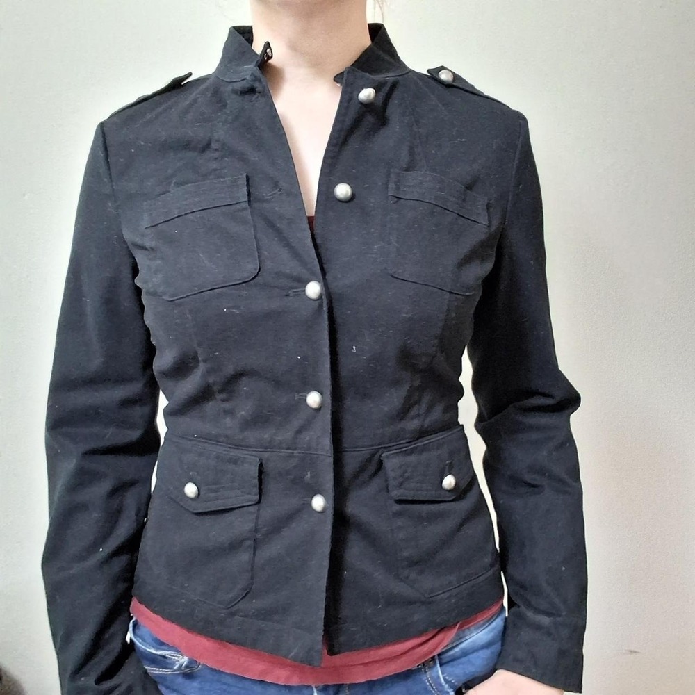 Vintage Y2K Black Military Goth Emo Band Jacket Silver Dome Buttons S